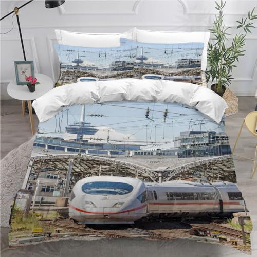 ARiXIaNg Kinder Bettwäsche Zug Eisenbahn 135x200 cm Erwachsene Bettbezüge 3teilig mit Reißverschluss und 2 Kissenbezüge Retro-Dampfwagen Bettwaren Kuschelig Mikrofaser Bettwäsche-Set