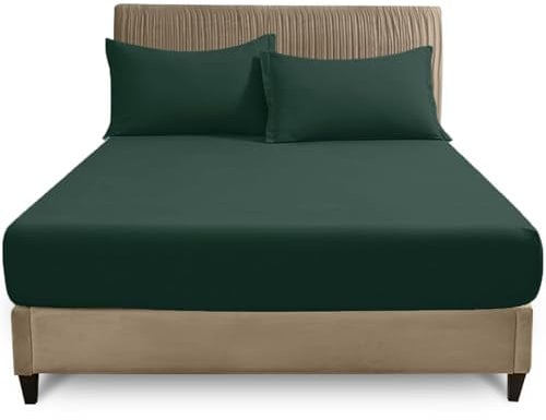 GC GAVENO CAVAILIA Easy Care King Size Fitted Sheet - Soft Polycotton Fabric Bed Sheet (150x200 cm) - Non Iron Fade Resistant Bedding & Linen - Elasticated 25cm Deep Plain Bottom Sheet, Dark Green