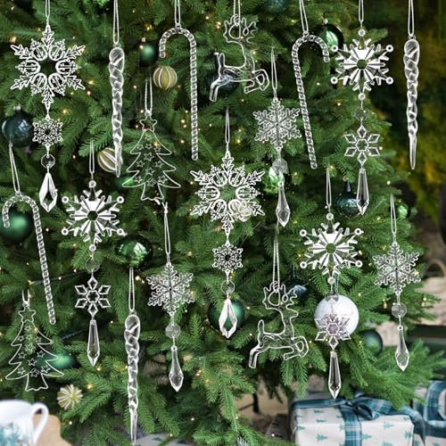 18pcs Christmas Ornaments Snowflakes Decorations, Clear Acrylic Hanging Xmas Ornaments with Silk Thread Crystal Snowflake Icicle Pendants Ornaments for Christmas Tree & Party Supply Decor