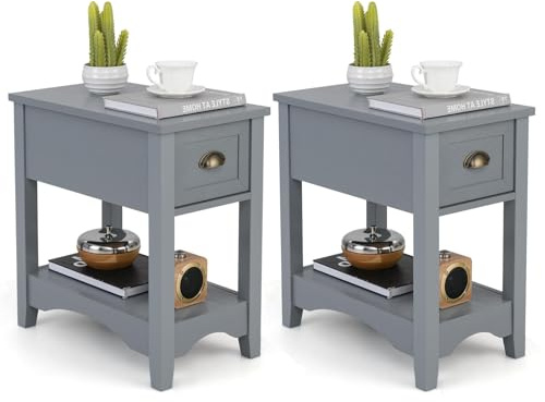 CASART Narrow Side Table, Slim End Table with Drawer & Storage Shelf, 2-Tier Wooden Bedside Table Nightstand for Bedroom Living Room Small Spaces (2, Grey)
