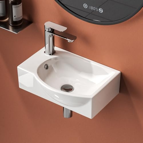 EMKE Lavamano Sospeso 40,5 x 28 cm, Bianco Lucido,Rubinetto a Sinistra | Lavandino Rettangolare per Bagno Piccolo e WC Ospiti, Mini Lavabo a Parete - Senza Rubinetto e Piletta