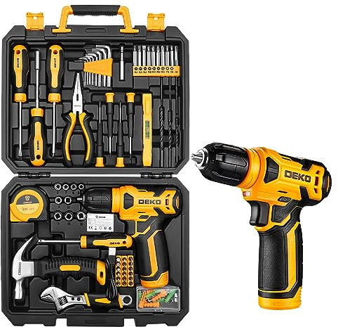 Tool Kit with Cordless Drill - DEKO Tool Box 126 Piece for Men,Woman and Home,DIY Hand Tool Set with 8V Electric Drill Screwdriver for Furniture Assembling,Home Maintenance(Yellow)