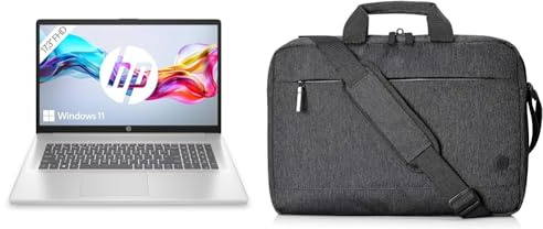 HP Laptop mit 17,3 Zoll FHD Display, Intel Core 3 100U, 8 GB DDR4 RAM, 512 GB SSD, ‎Intel Graphics, Windows 11, QWERTZ Tastatur, Silber mit HP Prelude Pro 17,3 Zoll Laptop-Tasche, Schwarz