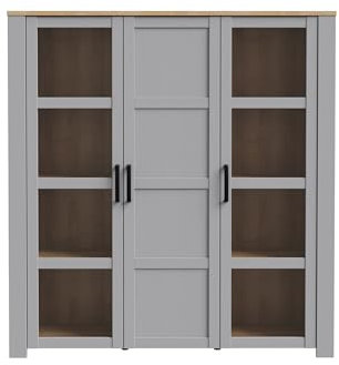 Stauraumvitrine >Bohol< in Riviera Eiche Dekor/Eiche Grau (B/H/T 151,1 x 160,6 x 42 cm) bietet 3 Türen Davon 2 mit Glas, 9 Einlegeböden und Soft-Close-Funktion für stilvolle Aufbewahrung.