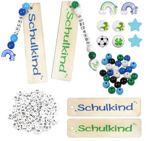 2-teiliges Set Schulanfang Lesezeichen Jungen, Personalisiert Geschenke Kinder - Holz Schulkind Lesezeichen | A-Z Buchstaben Perlen | Dinosaurier Fußball Holzperlen, Geschenke zur Schultüte Inhalt