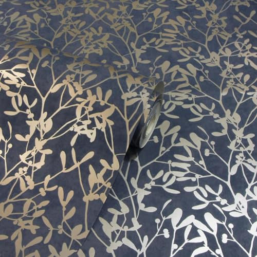 SOPHIE LAURENCE Navy and Gold Leaf Wallpaper – Luxurious Metallic Finish, Textured Design, Ideal for Living Room, Bedroom, or Office (Full Roll)