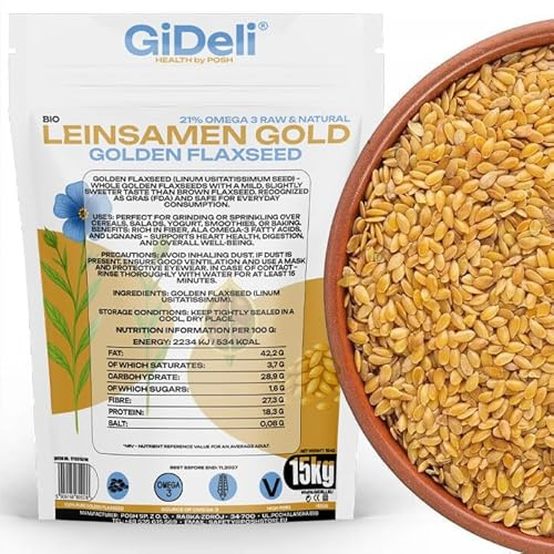 GiDeli Leinsamen Gold 15 kg - Ganze Goldleinsamen zum Backen und Müsli | goldgelbe Leinsaat, eine einzige Zutat, mildes nussiges Aroma, drei verschlossene Standbeutel, kühle dunkle Lagerung