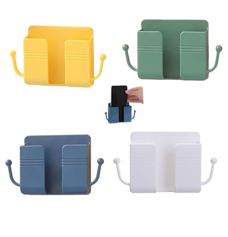 BOBOZHONG Wall Mounted Phone Holder,4 Pcs Self Adhesive Charging Stand Holders Remote Control Organiser ABS Wall-Mounted Mobile Phone Holder with Hook for Waterproof Shower Bedroom Office