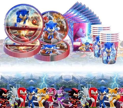 Ainvliya Party Tableware Set, Soni Birthday Decorations, 51pcs Includes Paper Cups, Plates, Napkins and Tablecloth for 10 Guests