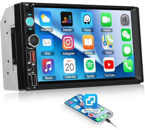 CAMECHO Double Din Car Stereo with Bluetooth Hands-Free, 7 inch Touch Screen Car Radio Mirror Link FM Radio EQ SWC USB/Type-C/AUX/SD input