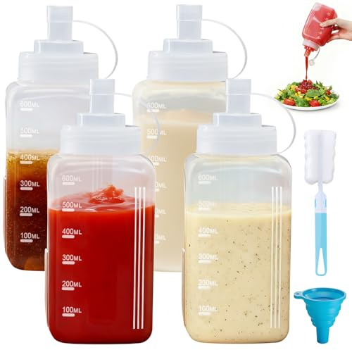 Mispudin 4 Stück Quetschflasche 600ml, Breiter Mund Squeeze Flasche mit Kappen, Bürste, Trichter, Kein Leck Groß Saucenflasche Plastik für Backen, Ketchup, Dressing, Scharfe Soße, Olivenöl, Condiment