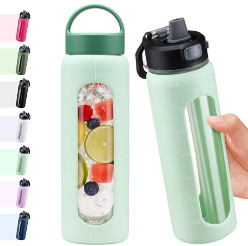BLUEGO 700ml Borraccia in vetro con 2 coperchi-Coperchio con chiusura One-touch e maniglia Borsa riutilizzabile con indicazione del tempo per Viaggi Casa Palestra Sport Senza BPA, Azzurro