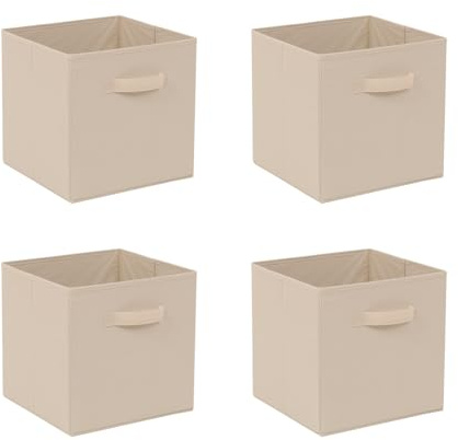 4 PCS Folding Collapsible Storage Cube Boxes with Handle for Kids Toy Clothes, Foldable Canvas Unit Cube Organiser Basket Bin for Nursery Children Bedroom Wardrobe (30*30cm Beige, Pack of 4)