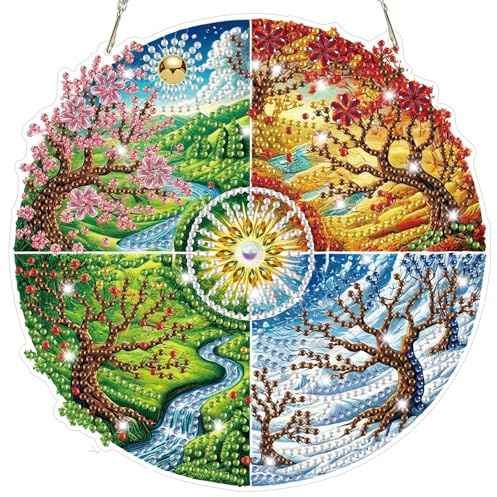 Lxmsja Vier Jahreszeiten Diamond Painting Anhänger, 5D Diamond Painting Fensterbilder für Erwachsene, Bastelset Kreativ Set Hängend Ornament Geschenke Tür Fenster Wand Eingang Decor