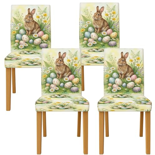 Stuhlhussen für Esszimmerstühle, Frühlingseier, Gänseblümchen, Ostern, Grün, Spandex, waschbar, Parsons-Stuhlhussen, Dekoration für Küche, Wohnzimmer, Party, 4 Stück
