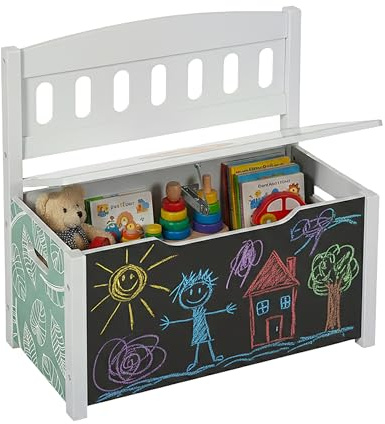 Relaxdays Banc-Coffre pour Enfants Rangement avec Tableau Motif Lion Multicolore H 55,5 x L 57 x P 30 cm