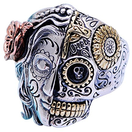 Dreifarbig Gothic 925 Sterling Silber Zwei Gesicht Zucker Totenkopf Ring Engel und Dämon Schädel Ring Biker Schmuck für Herren Damen Größe 60