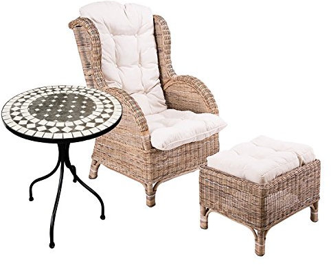 Luxus Rattan Set Relaxsessel Korbsessel Rattansessel mit Hocker Ohrensessel mit Fußhocker aus Rattan, inkl. Polster in beige und 1 Stück Mosaiktisch