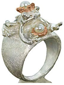 Goldschmiede Silberring handmade, Froschkönig Paulchen, Sterling Silber mit Rosé-Vergoldung, Perle, Perlen, Perlenschmuck, Frosch, Froschring, Damenring