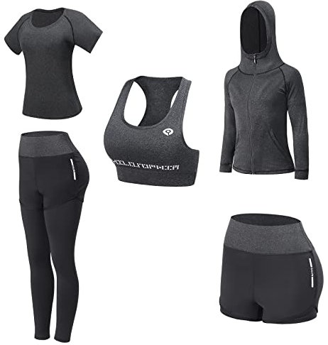 JULY'S SONG Yoga Kleidung Anzug 5er-Set Trainingsanzug Laufbekleidung Gym Fitness Kleidung (Dunkelgrau, M)