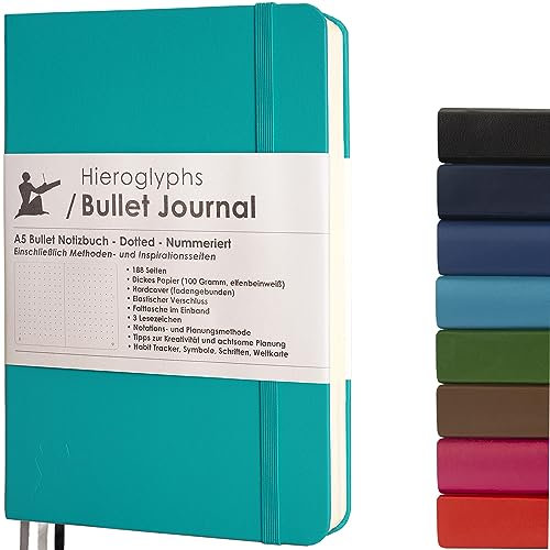 Hieroglyphs Notizbuch A5 mit Punktraster, Klassisches Bullet Journal, Notizbuch mit Vinylumschlag, 3 Lesezeichen, Elastikverschluss, Robuste gebundenes Buch, Hellblau
