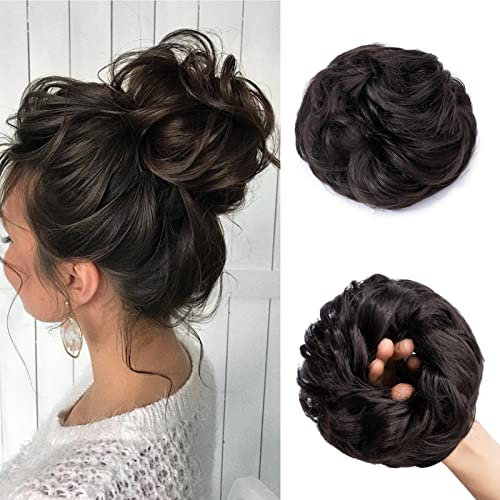 Cybelleza Scrunchie Haarteil Haargummi Haarverlängerung Pferdeschwanz Dutt Brötchen Hochsteckfrisur Haarband Gewellt Lockiges Haarknoten Messy Bun (Dunkelbraun)