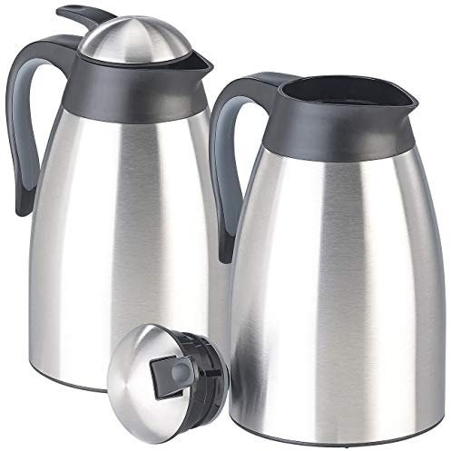 Rosenstein & Söhne Vakuum-Thermokanne: 2er-Set doppelwandige Edelstahl-Vakuum-Isolierkanne m. Ausgießtaste (Wärmespeicherungen Lunchs Camping, Warmhalte-Kanne)
