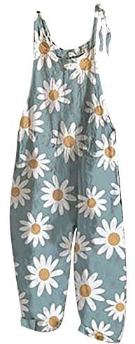 LUCKME Womens Dungarees Casual Boho Sleeveless Jumpsuits Summer Overalls Loose Skull Printed Wide Leg Floral Rompers Long Playsuit with Pocket Holiday Beach UK Size 12-22 (Blue, L)