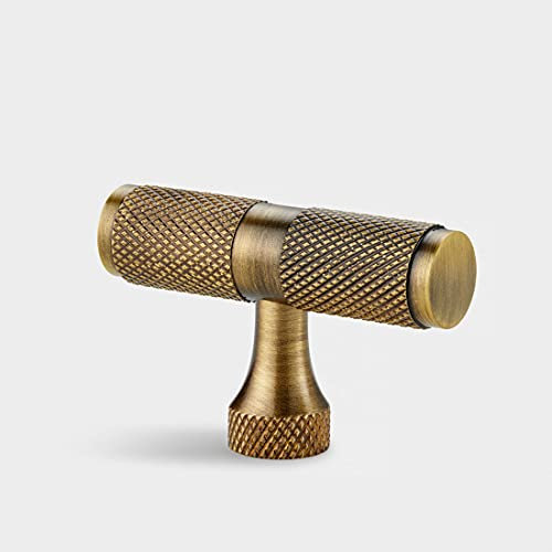 Pushka Home Solid Brass Antique Gold Knurled T Bar Cupboard Pull Handles for Cabinets, Doors, Drawers