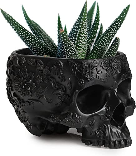 GUTE Schädel Schale & Pflanzgefäß 15,2 cm tiefer Polyresin Schädel Topf für Sukkulenten, Zimmerpflanzen & Blumen – Schale & Servierschale, modern, Skelett, Heimdekoration, Schwarz
