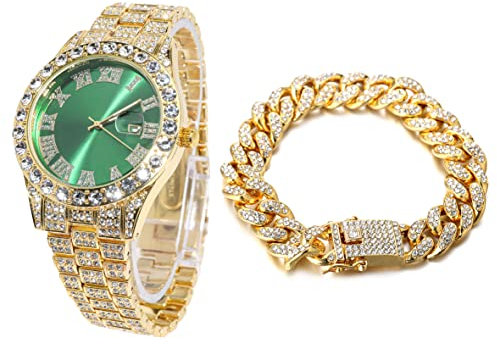 Halukakah Diamant Golduhr, Herren 18K Echt Vergoldet 42MM Breite Grün Wählen Quarz Armband 24cm mit Kubanischer Link Kette 20cm Armband Set, mit Geschenkbox