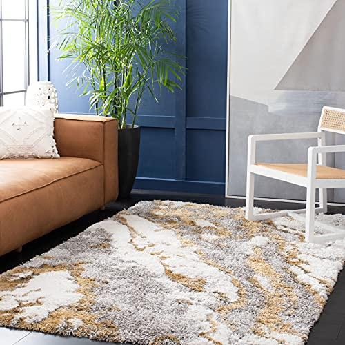 SAFAVIEH Zottelig Teppich für Wohnzimmer, Esszimmer, Schlafzimmer - Horizon Shag Collection, Kurzer Flor, Grau und Gold, 201 X 201 cm
