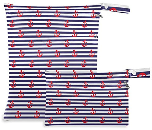 ZZXXB Anchor gestreifte wasserdichte Nass-Tasche, wiederverwendbare Stoffwindel, Nass-Trocken-Tasche mit Reißverschlusstasche für Reisen, Strand, Pool, Fitnessstudio, Yoga, Badeanzug, Toilettenartikel