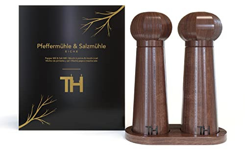 Thiru Profi Salz und Pfeffermühle Set - patentiertes Keramikmahlwerk - inkl. Untersetzer & Reinigungspinsel - Nussbaum Massivholz groß