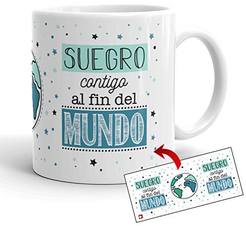 Kembilove Taza el Mejor Suegro del Mundo – Taza con Mensaje Suegro contigo al Fin del Mundo – Regalo Hermana Original – Regalos Originales para cuñados – Tazas Originales para Familiares