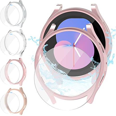 Jvchengxi [4+4Piezas Funda Protectora Mate 40mm para Samsung Galaxy Watch 5/4 / FE, PC Funda Protector + Dureza 9H Antiarañazos Protector de Pantalla de Cristal Templado (OroRosa+Rosa+Plata+Claro)