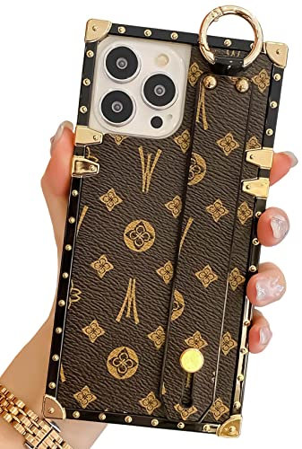 TRODINO Rectangle Leather Compatible with iPhone 14 Pro Max Case with Wristband Strap, Luxury Designer Phone Case for Women Girls, Hand Holder Kickstand Protective Bumper Cover 6.7” (Brown)