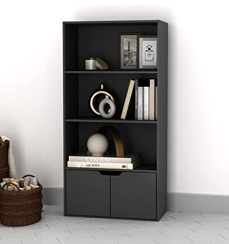 URBNLIVING 4 Tier Wide Wooden Bookcase Cupboard with 2 Doors Storage Shelving Display Shelf Cabinet Unit (Black with Black Doors)