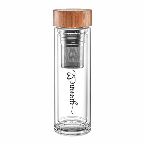 4you DESIGN Thermos-Glasflasche mit Namen bedruckt Design Happy | Doppelwandiges Glas | Geniales Geschenk mit herausnehmbares zweiteiliges Edelstahl Teesieb |Schwarz 450ml Höhe 24cm