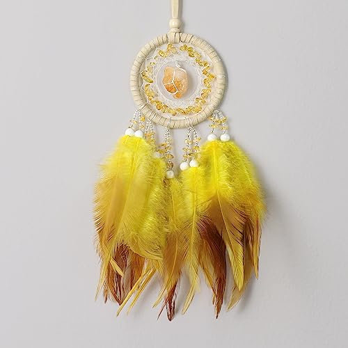 Dremisland Mini Traumfänger Boho Wanddekoration Kristallgeflecht Traumfänger mit Feder Handgemacht für Mädchen Kinder Schlafzimmer Auto Rückspiegel Hängende Verzierung Handwerk Segen Geschenk