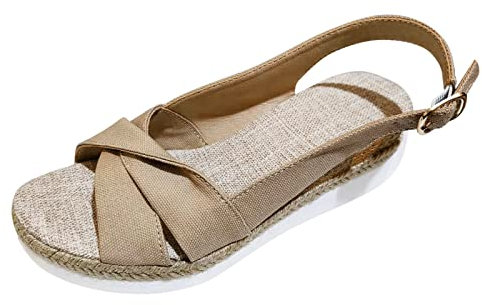 Shoes Women Sneakers Summer Plain Canvas Buckle Thick Sole Slope Heel Sandals Hallux Shoes Women Pumps, beige, 6 UK