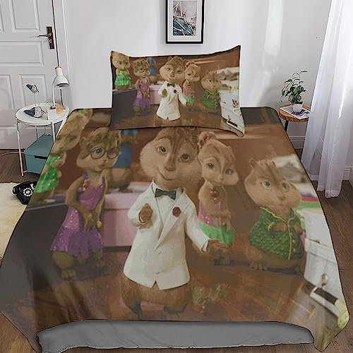 BARDYS Alvin and The Chipmunks Bettwäsche Bettbezug Set, Set Teilig Bettbezüge Mikrofaser Bettbezug Mit Reißverschluss Und Kissenbezug Single(135x200cm)