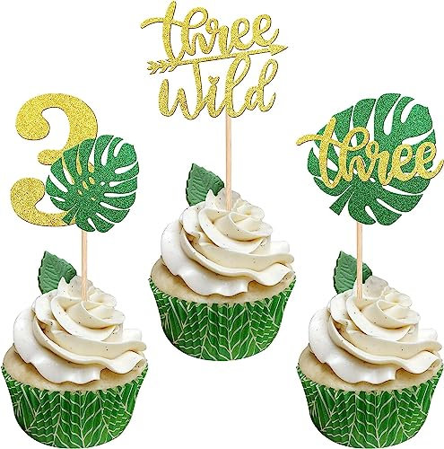 SYKYCTCY 30 PCS Wild Three Palm Leaf Cupcake Toppers Glitter Monstera Leaf Three Cupcake Picks Number 3 Cupcake Decoration for Jungle Safari Baby Shower 3rd Birthday Party Cake Decorations Supplies