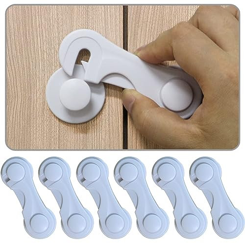 RYMAUP® Pack de 6 cierres de seguridad para armarios y cajones, cinta adhesiva fuerte, sin agujeros, duradera, color blanco, ideal para muebles, cocina, puerta de armario