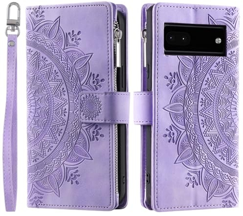 VEEMOS Handyhülle für Google Pixel 6a hülle Klappbar Blumen Handytasche Schutzhülle Klapphülle mit Kartenfach Handy Tasche Book Cover Flip Case Ständer - Lila