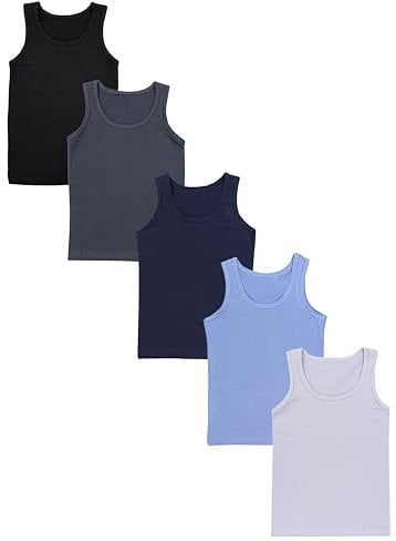 TupTam Unterhemden Jungen – 5er Pack Ärmellose Kinder Unterhemden, Baumwolle, Bequem & Atmungsaktiv, Farbe: Schwarz Dunkelblau Anthrazit Grau Blau, Größe: 140-146
