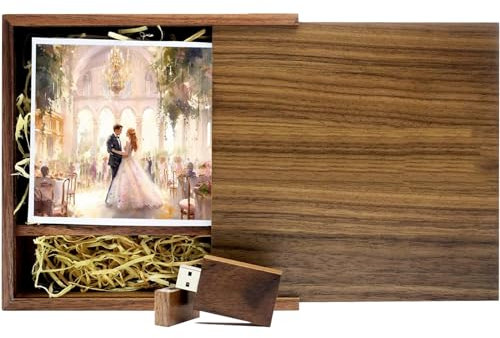 Holz USB Stick 128 GB USB 3.0 Hölzern Flash Speicherstick mit Walnuss-Box zum Aufbewahren von Fotos TATMOHIK Datenablage Wood USB-Flash-Laufwerk 128 GB für Geburtstag, Hochzeit oder andere Feste