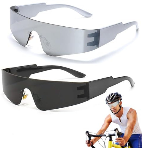 YanBous 2 Stück Futuristische Sonnenbrillen, Schwarz & Silber - Rahmenlos, für Partys & Rollenspiel, Verspiegelte Linsen, Ideal für Musikfestival, Halloween & Karneval