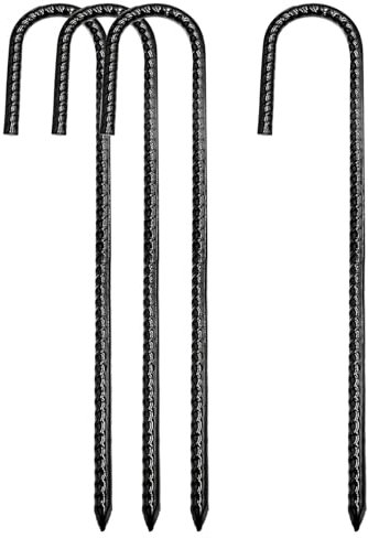 Tent Pegs Ground Rebar Stakes Heavy Duty Steel Tent Nails J Hooks Ground Anchors 12 Inch Garden Ground Fence Stakes for Camping Trampoline Swing 4 Pcs