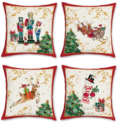 Zltegako Set di 4 federe per cuscini con renna natalizia, 45 x 45 cm, con schiaccianoci, Babbo Natale, pupazzo di neve, decorazione per divano, divano e vacanze invernali